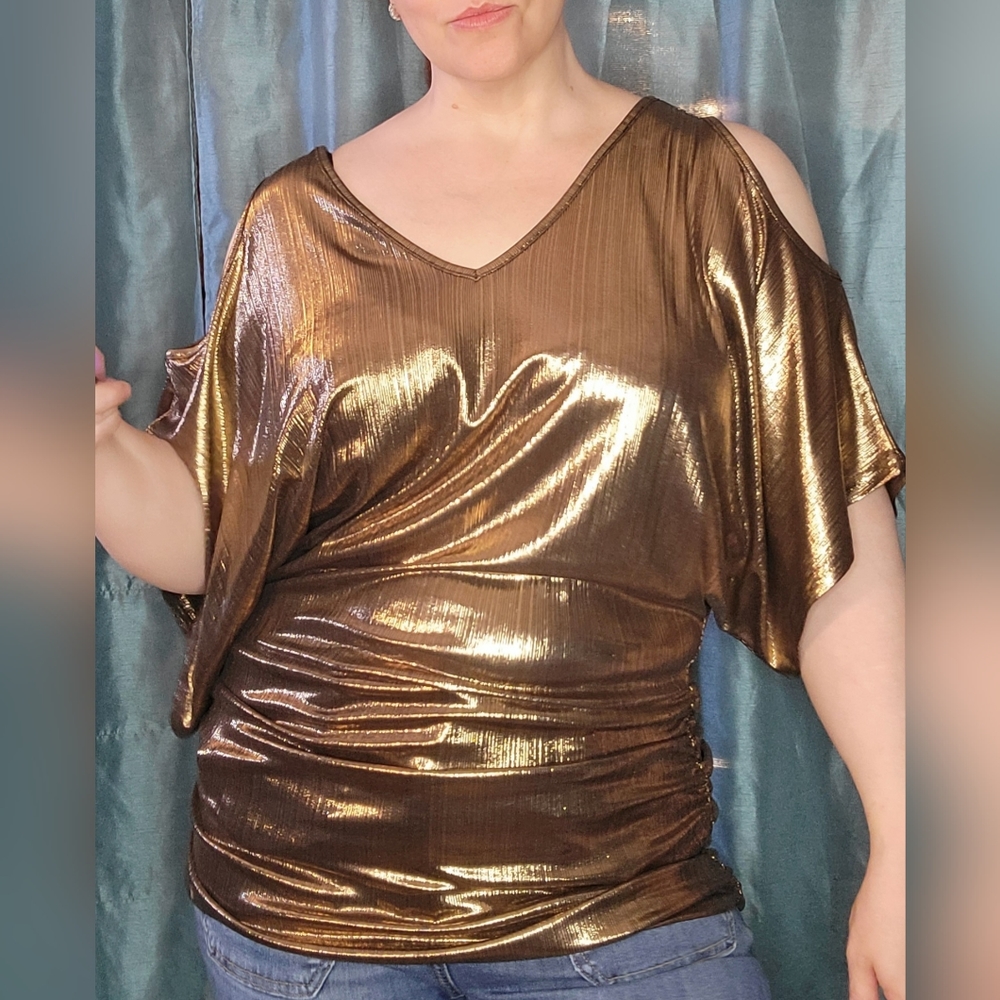 Gold Cold Shoulder Blouse with Flattering Rouching detail